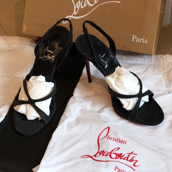 Christian Louboutin Black EMILIE 100 Calf Glitter Strappy Heels
